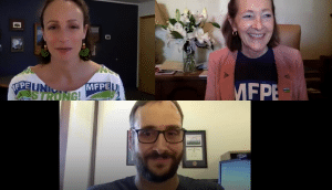 Zoom still of MFPE President Amanda Curtis, Rep. Moffie Funk, and Dr. Glen Southergill